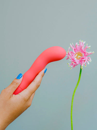 The Romantic red vibrator touching a pink flower