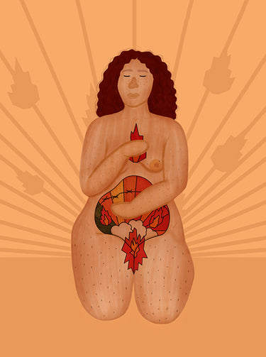orange illustration depicting a person feeling endometriosis pain by pink bits