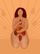 orange illustration depicting a person feeling endometriosis pain by pink bits