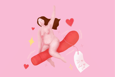 pink bits illustration person riding a red vibrator
