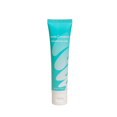 A tube of personal lubricant with a turquoise label, branded as 'smilemakers GENEROUS GEL'.